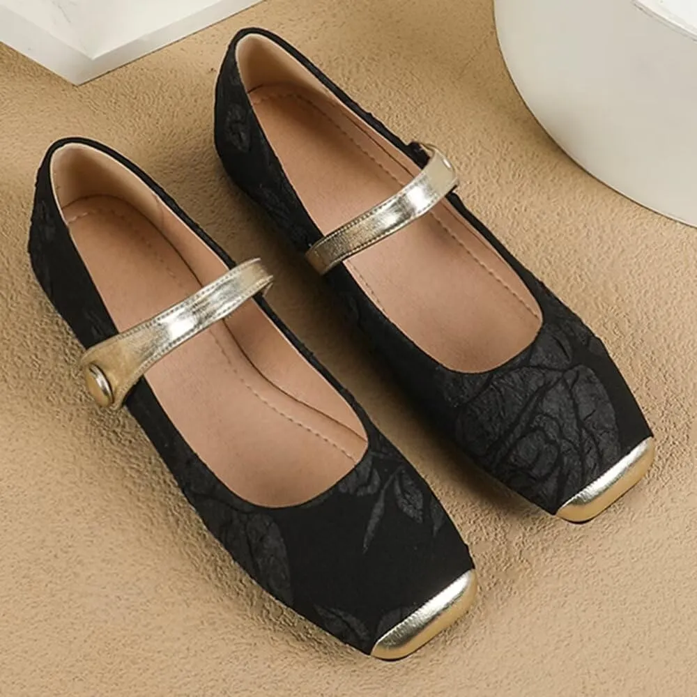 Hee grand Elegant Square Toe Mary Jane Shoes for Women Chinese Style Embroidered Flats with Ankle Strap