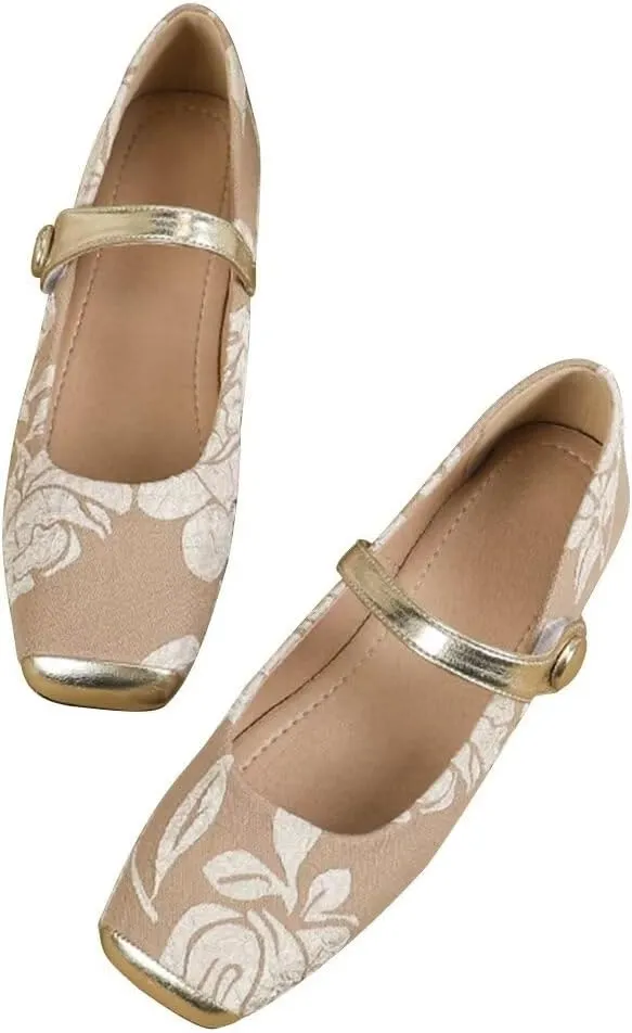 Hee grand Elegant Square Toe Mary Jane Shoes for Women Chinese Style Embroidered Flats with Ankle Strap