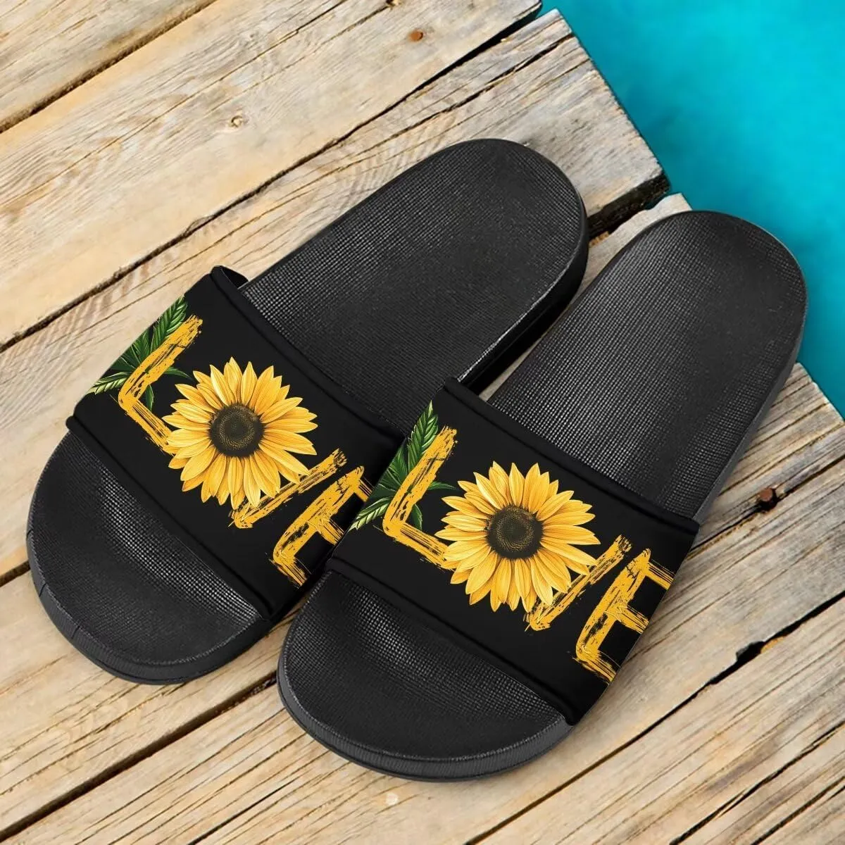 Howilath Novelty Sunflowers Pattern Slide Sandals for Women Girls, Comfotable Open Toe Non Slip Single Band Slide Sandals