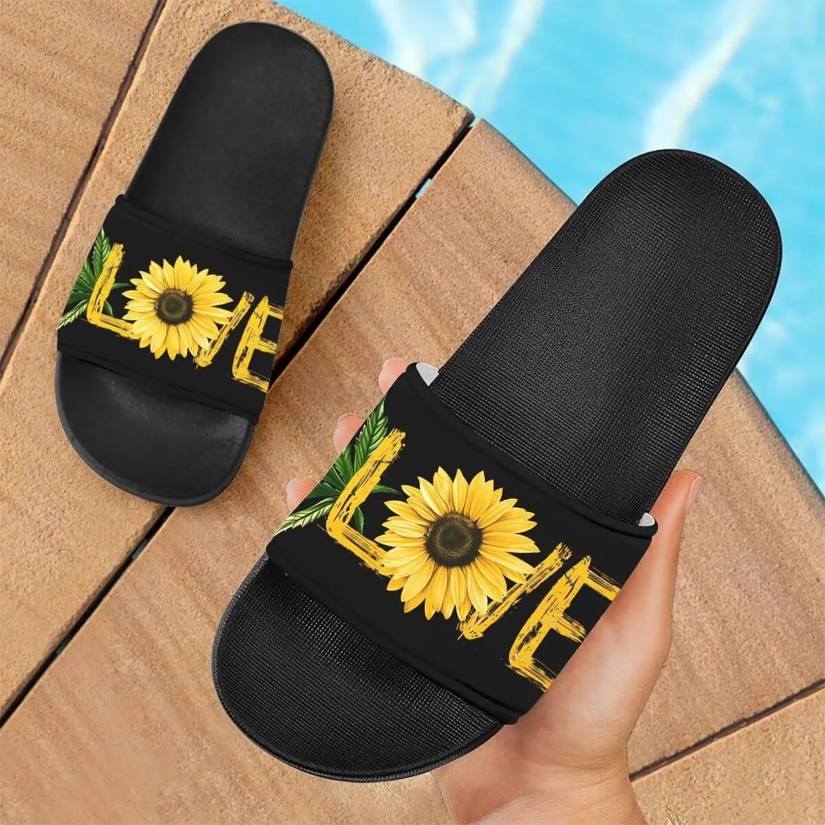Howilath Novelty Sunflowers Pattern Slide Sandals for Women Girls, Comfotable Open Toe Non Slip Single Band Slide Sandals
