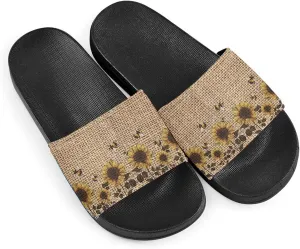 Howilath Novelty Sunflowers Pattern Slide Sandals for Women Girls, Comfotable Open Toe Non Slip Single Band Slide Sandals