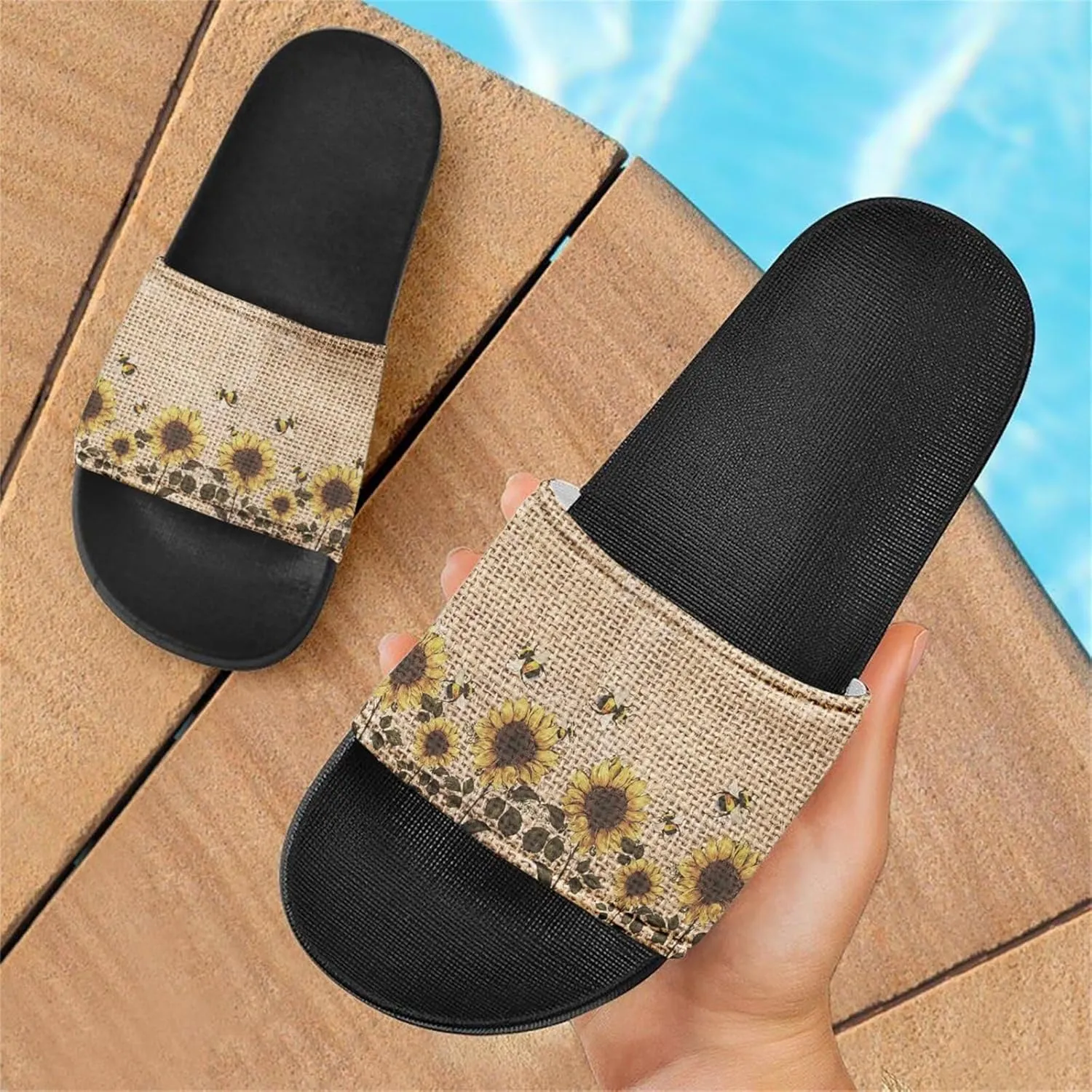 Howilath Novelty Sunflowers Pattern Slide Sandals for Women Girls, Comfotable Open Toe Non Slip Single Band Slide Sandals