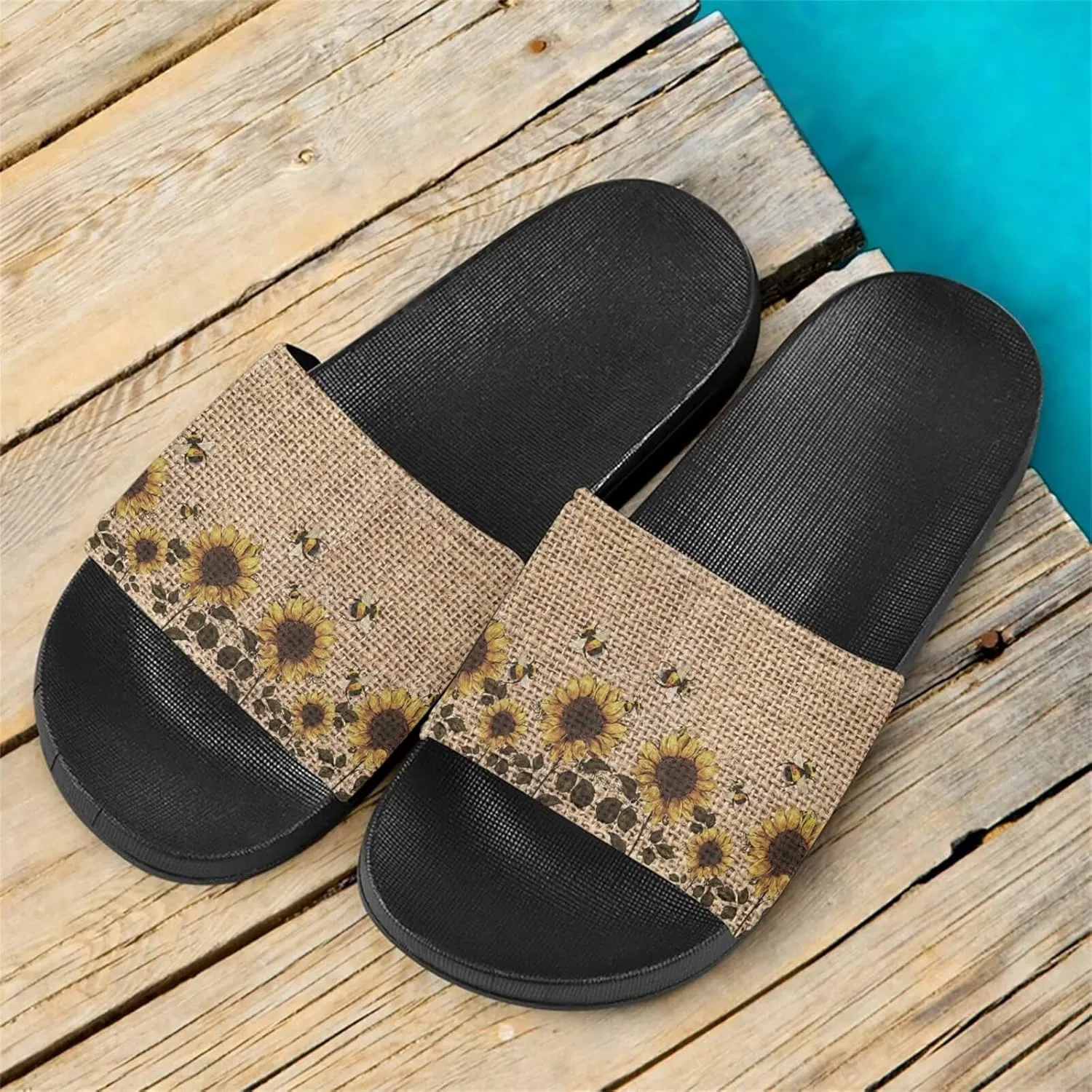 Howilath Novelty Sunflowers Pattern Slide Sandals for Women Girls, Comfotable Open Toe Non Slip Single Band Slide Sandals