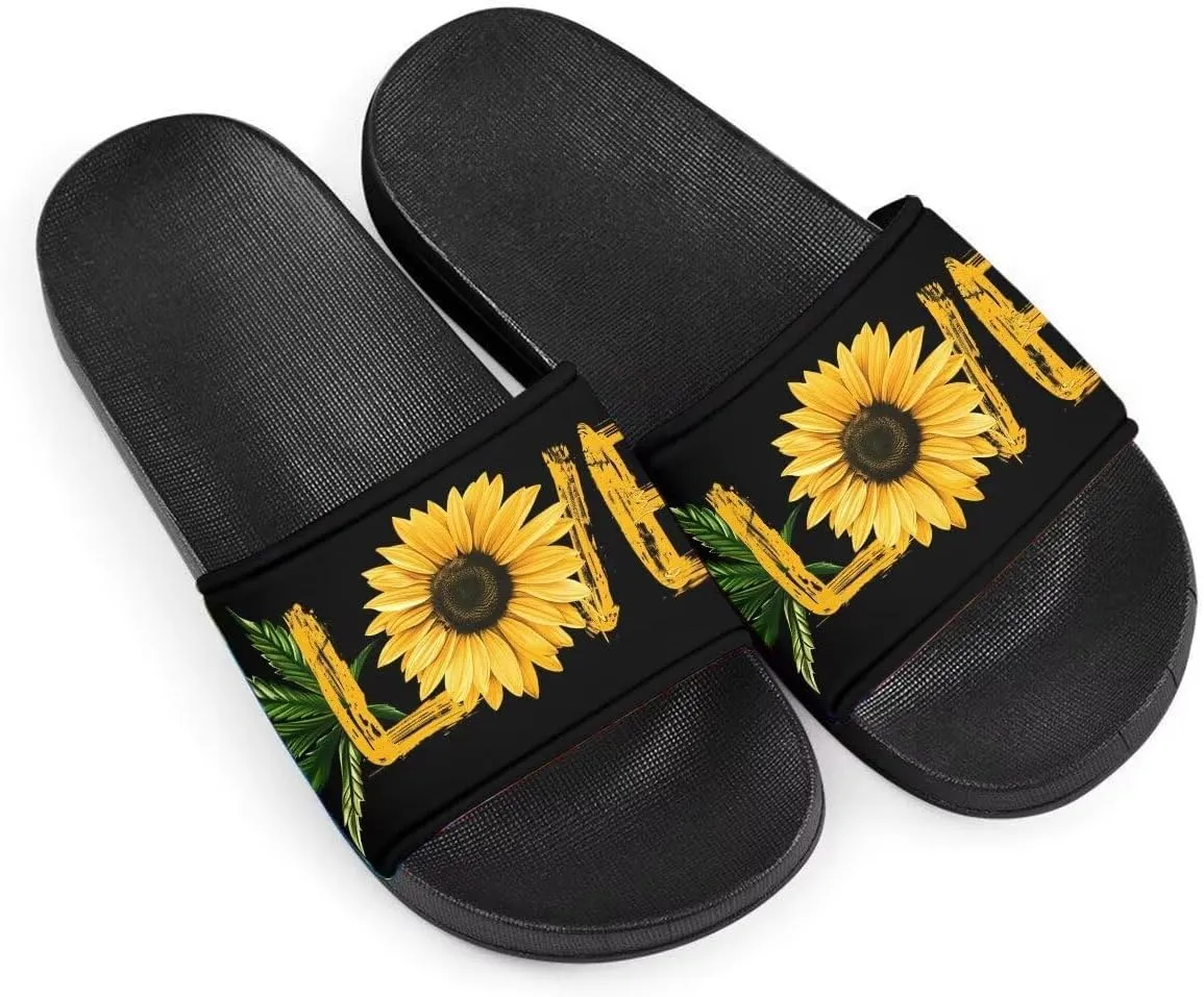 Howilath Novelty Sunflowers Pattern Slide Sandals for Women Girls, Comfotable Open Toe Non Slip Single Band Slide Sandals