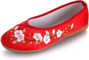 HuangTaiJi Qing Women's Floral Embroidered Flats Ethnic Style Shoes, Elegant Round Toe Ballets Chinese Shoes for Cheongsam