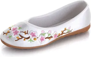 HuangTaiJi Qing Women's Floral Embroidered Flats Ethnic Style Shoes, Elegant Round Toe Ballets Chinese Shoes for Cheongsam