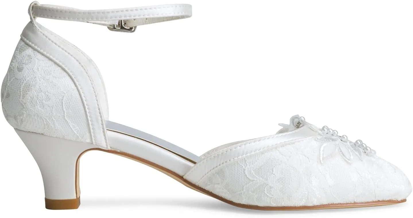 JIAJIA 009611 Women's Bridal Shoes Closed Toe 1.9'' Block Mid Heel Lace Satin Pumps Rhinestone Wedding Shoes
