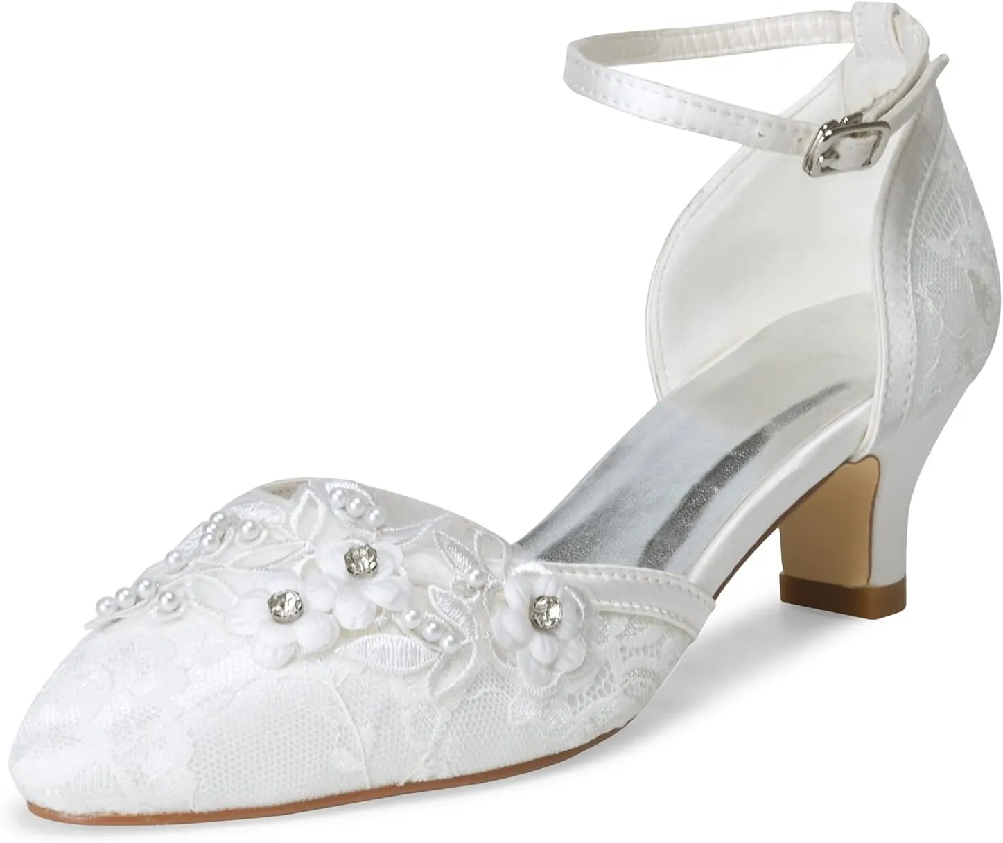 JIAJIA 009611 Women's Bridal Shoes Closed Toe 1.9'' Block Mid Heel Lace Satin Pumps Rhinestone Wedding Shoes
