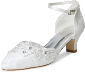 JIAJIA 009611 Women's Bridal Shoes Closed Toe 1.9'' Block Mid Heel Lace Satin Pumps Rhinestone Wedding Shoes