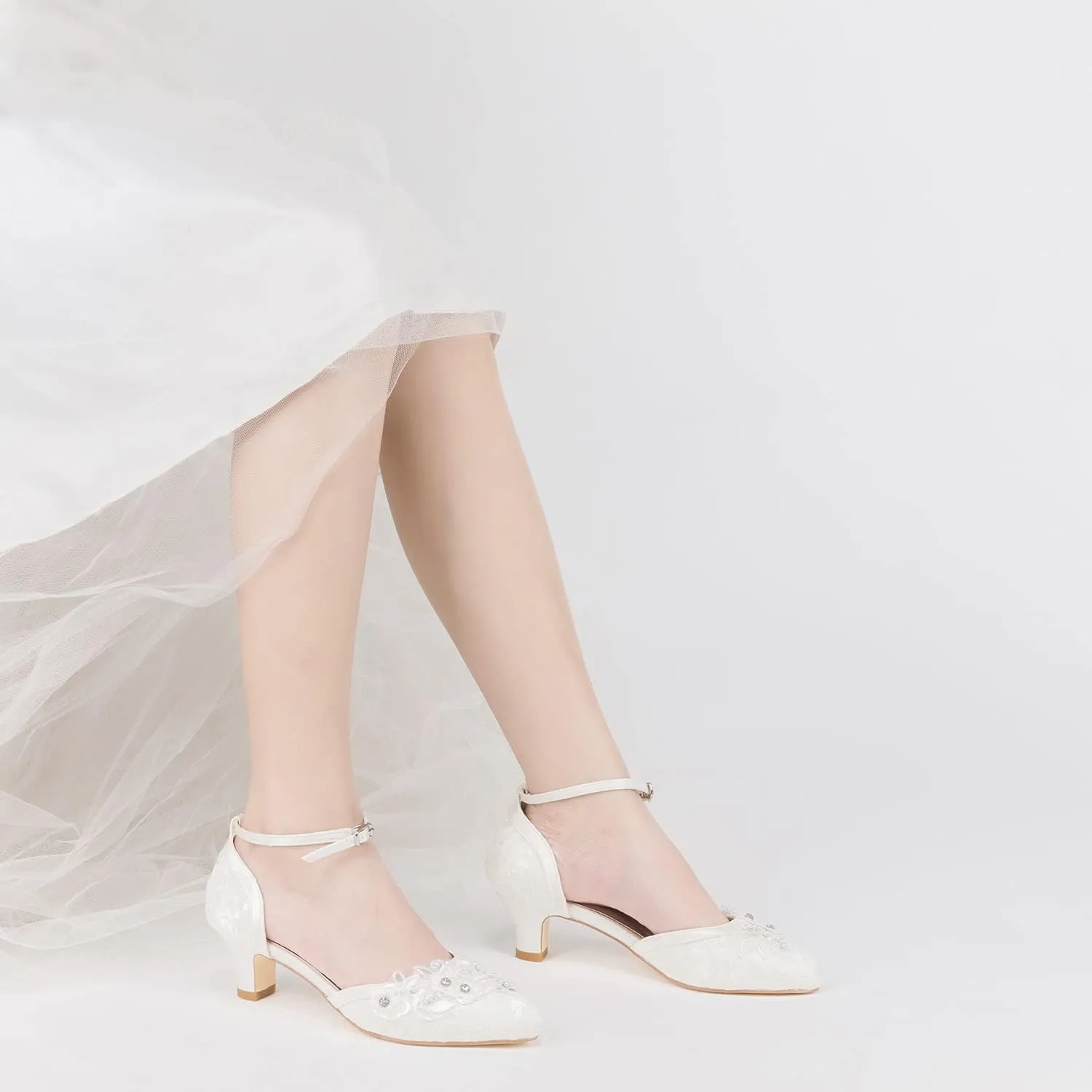 JIAJIA 009611 Women's Bridal Shoes Closed Toe 1.9'' Block Mid Heel Lace Satin Pumps Rhinestone Wedding Shoes