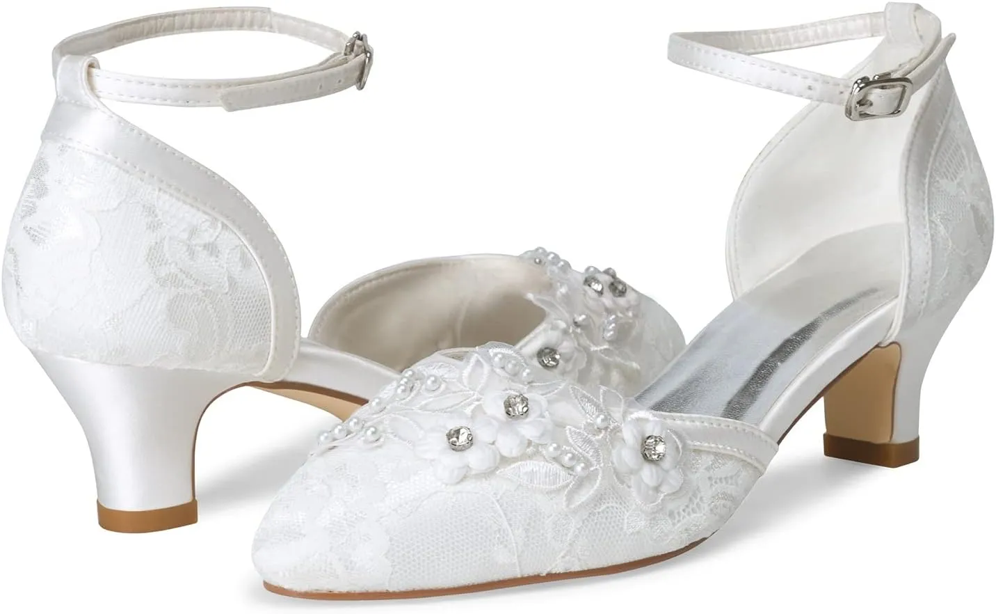 JIAJIA 009611 Women's Bridal Shoes Closed Toe 1.9'' Block Mid Heel Lace Satin Pumps Rhinestone Wedding Shoes
