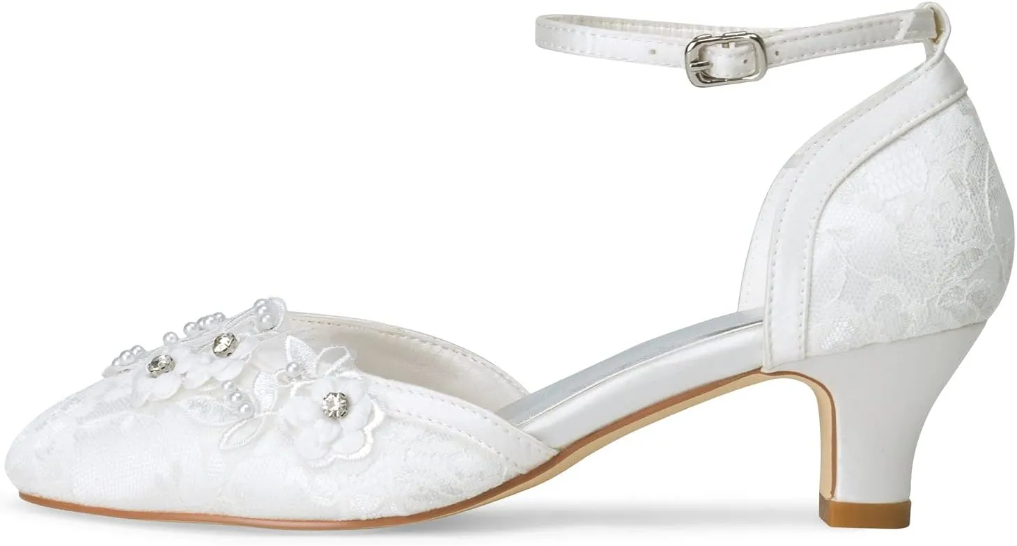 JIAJIA 009611 Women's Bridal Shoes Closed Toe 1.9'' Block Mid Heel Lace Satin Pumps Rhinestone Wedding Shoes