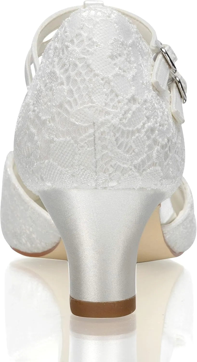 JIAJIA 00968 Women's Bridal Shoes Closed Toe T-Strap 1.9" Block Low Heel Lace Satin Pumps Wedding Shoes
