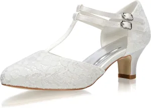 JIAJIA 00968 Women's Bridal Shoes Closed Toe T-Strap 1.9" Block Low Heel Lace Satin Pumps Wedding Shoes