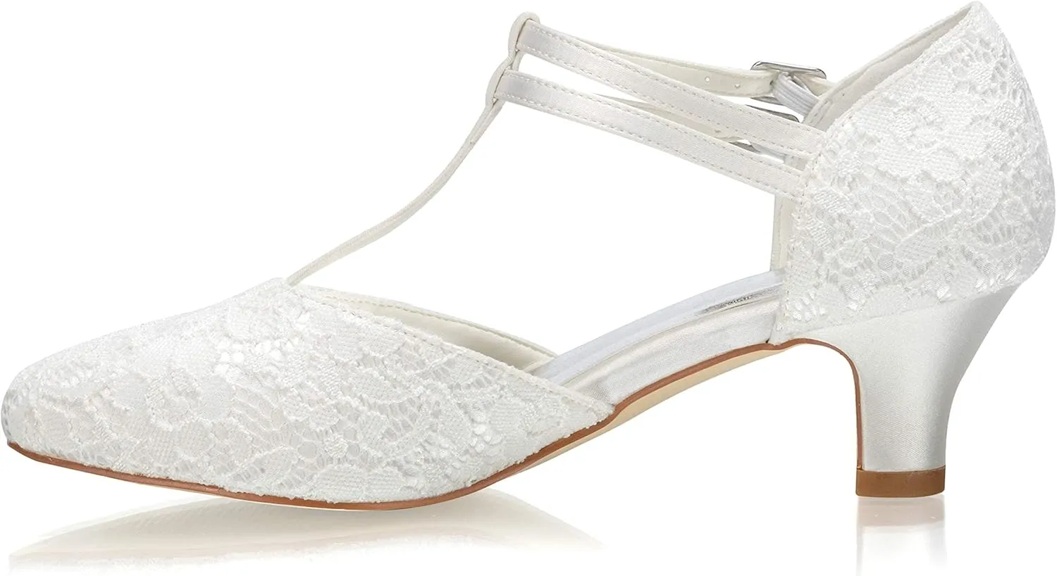 JIAJIA 00968 Women's Bridal Shoes Closed Toe T-Strap 1.9" Block Low Heel Lace Satin Pumps Wedding Shoes