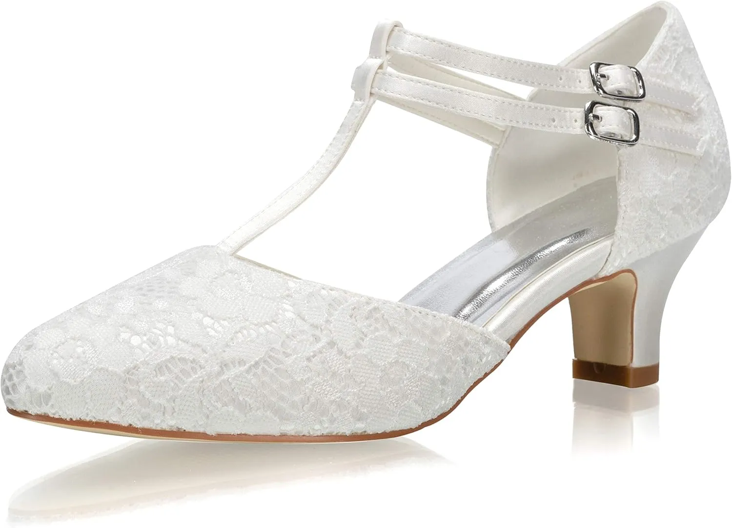 JIAJIA 00968 Women's Bridal Shoes Closed Toe T-Strap 1.9" Block Low Heel Lace Satin Pumps Wedding Shoes