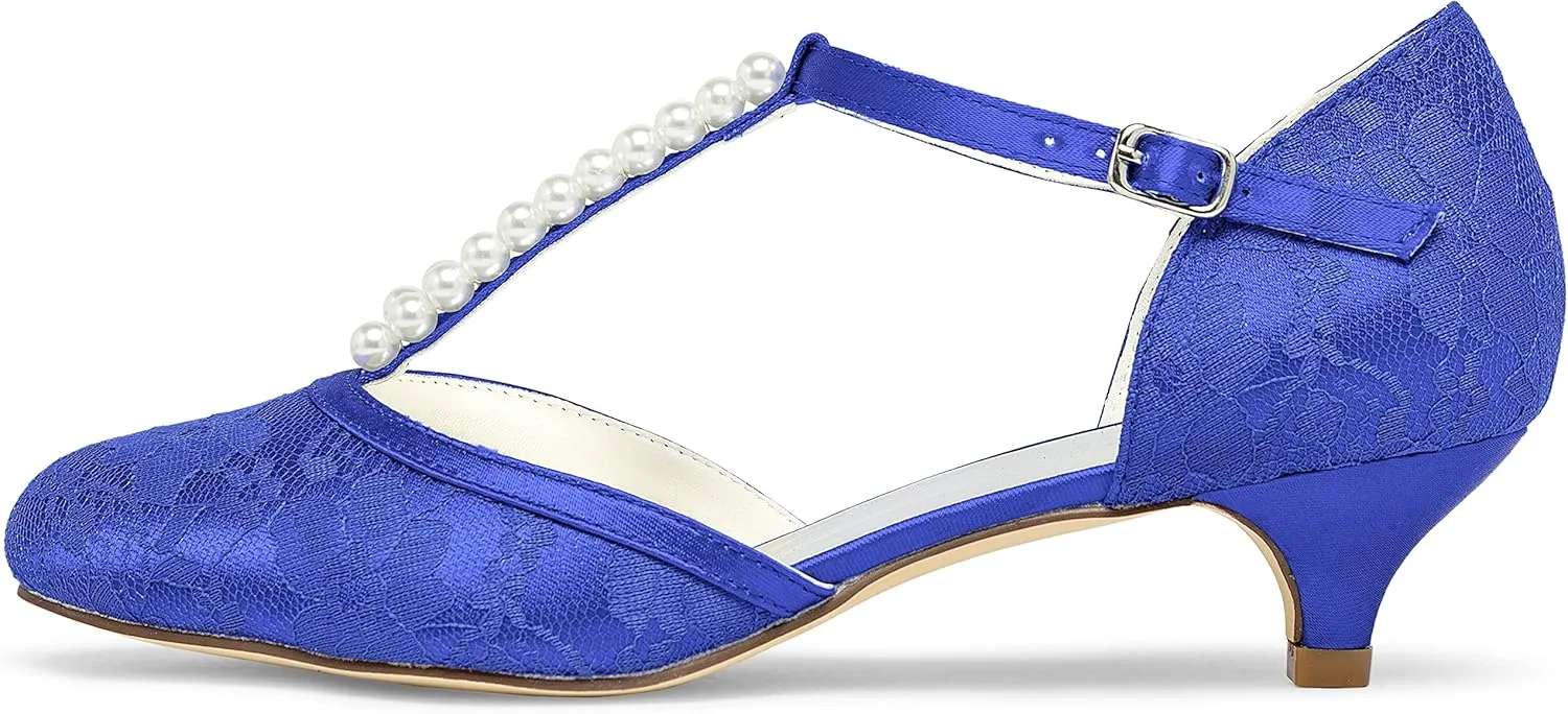 JIAJIA 01129 Women's Bridal Shoes Closed Toe T-Strap 1.8'' Low Heel Lace Satin Pumps Imitation Wedding Shoes
