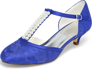 JIAJIA 01129 Women's Bridal Shoes Closed Toe T-Strap 1.8'' Low Heel Lace Satin Pumps Imitation Wedding Shoes