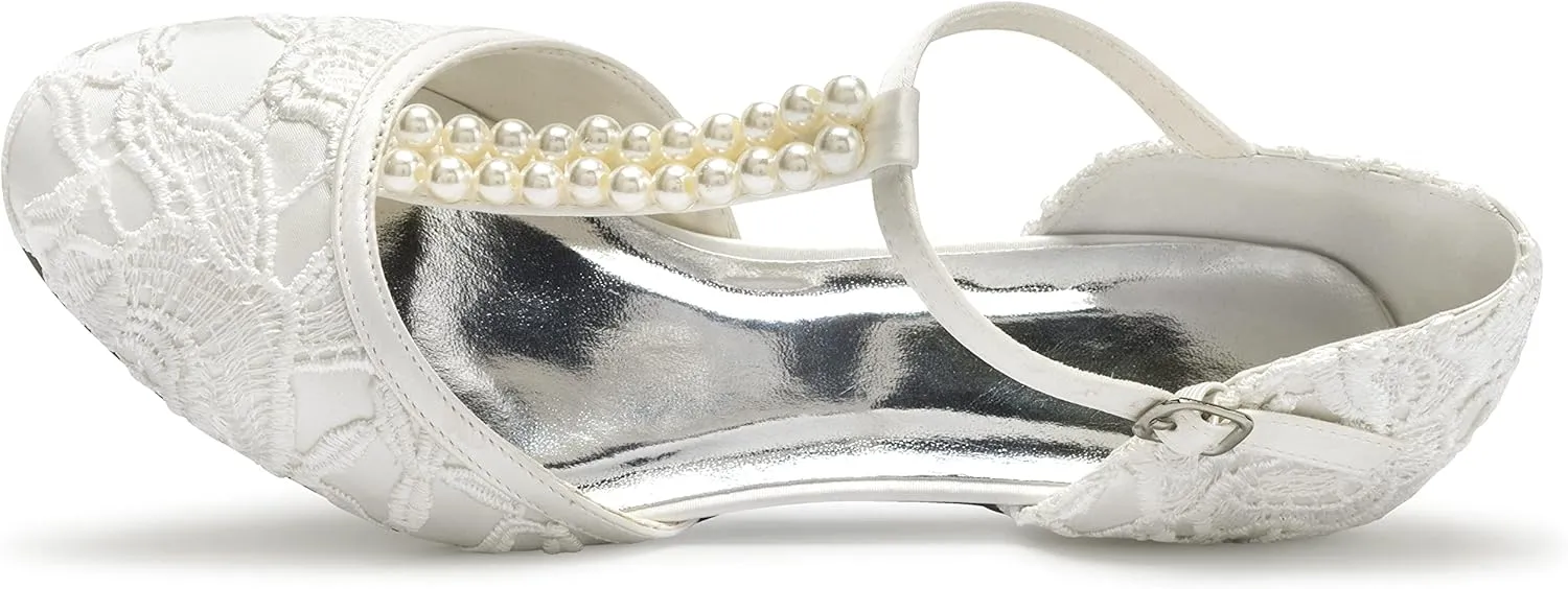 JIAJIA 01129 Women's Bridal Shoes Closed Toe T-Strap 1.8'' Low Heel Lace Satin Pumps Imitation Wedding Shoes