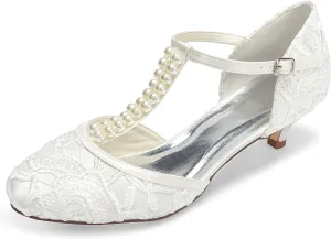 JIAJIA 01129 Women's Bridal Shoes Closed Toe T-Strap 1.8'' Low Heel Lace Satin Pumps Imitation Wedding Shoes