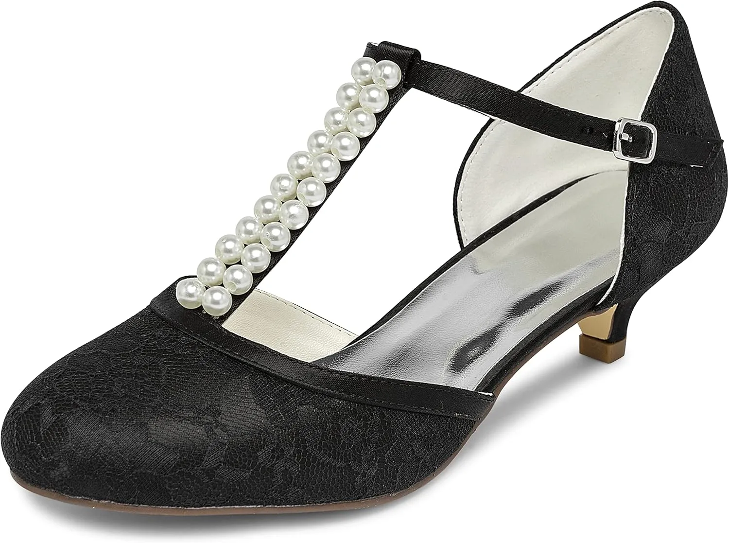 JIAJIA 01129 Women's Bridal Shoes Closed Toe T-Strap 1.8'' Low Heel Lace Satin Pumps Imitation Wedding Shoes