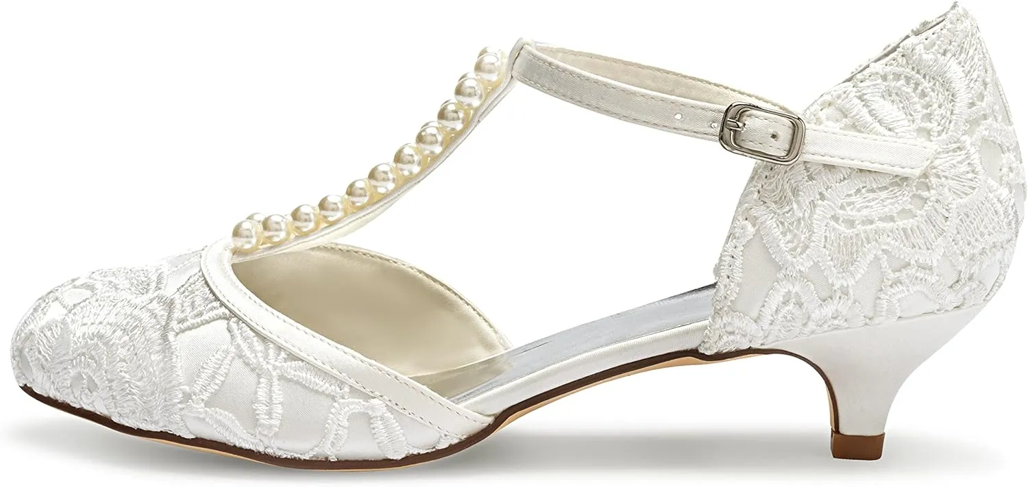 JIAJIA 01129 Women's Bridal Shoes Closed Toe T-Strap 1.8'' Low Heel Lace Satin Pumps Imitation Wedding Shoes