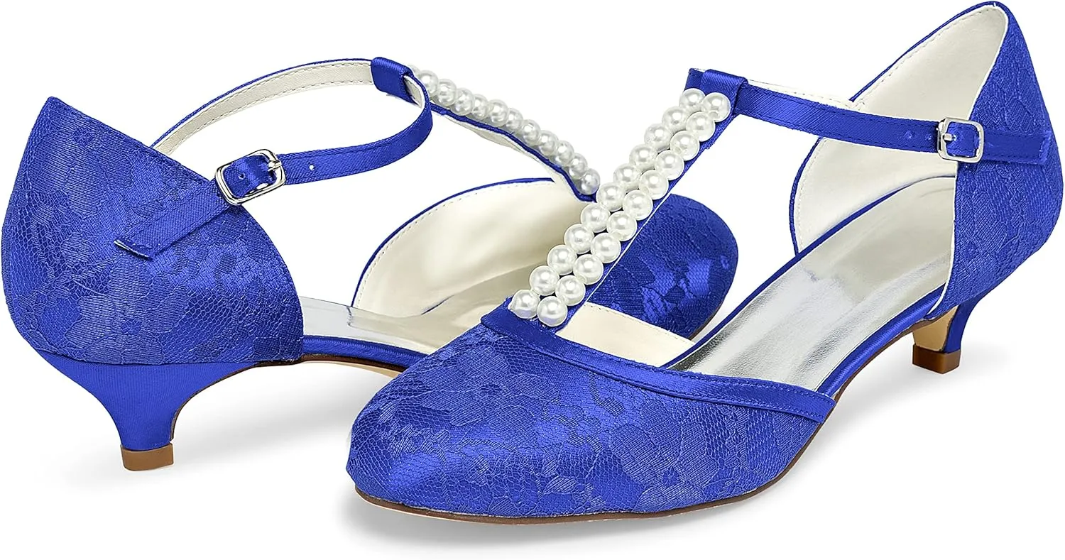 JIAJIA 01129 Women's Bridal Shoes Closed Toe T-Strap 1.8'' Low Heel Lace Satin Pumps Imitation Wedding Shoes