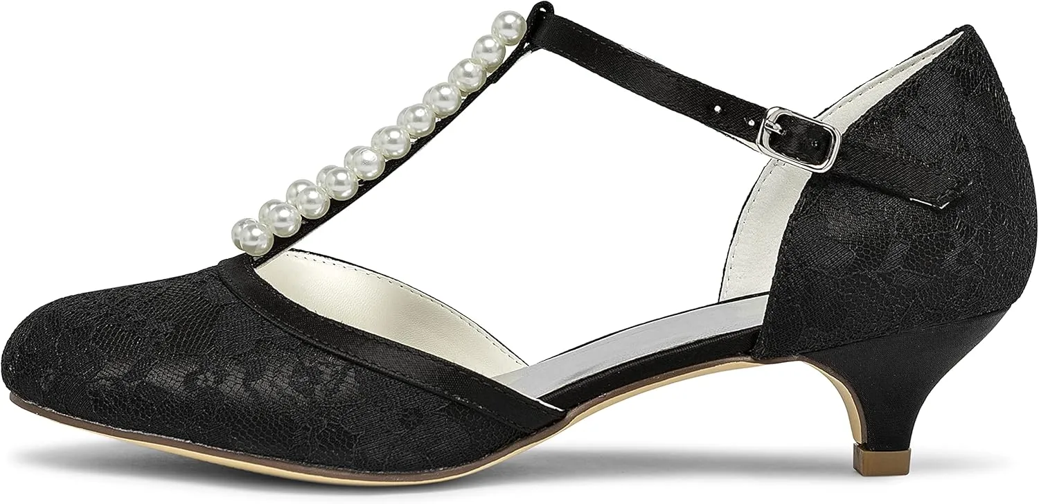 JIAJIA 01129 Women's Bridal Shoes Closed Toe T-Strap 1.8'' Low Heel Lace Satin Pumps Imitation Wedding Shoes