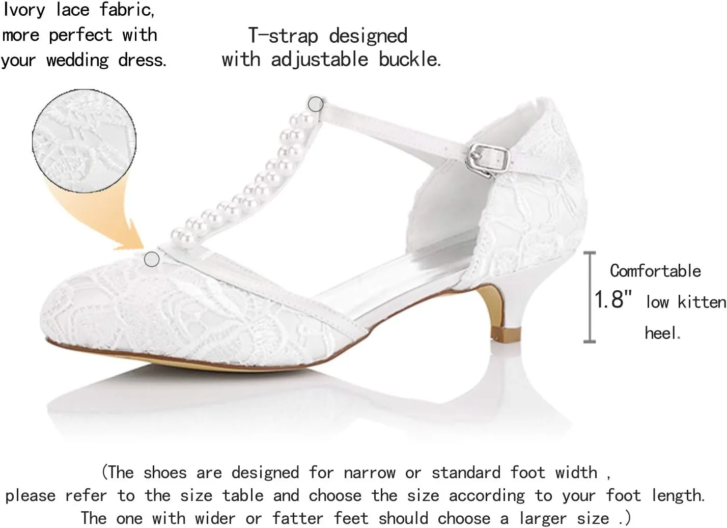 JIAJIA 01129 Women's Bridal Shoes Closed Toe T-Strap 1.8'' Low Heel Lace Satin Pumps Imitation Wedding Shoes