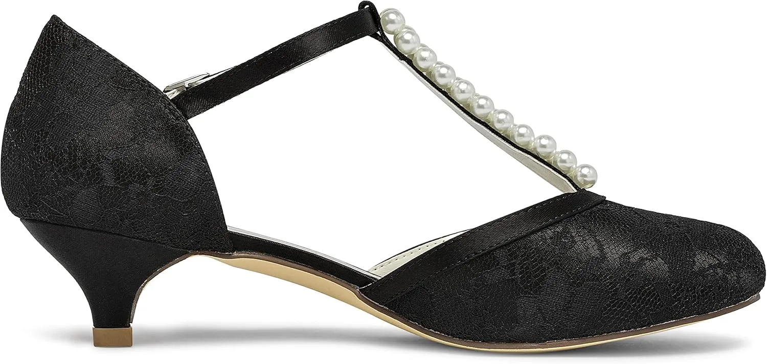 JIAJIA 01129 Women's Bridal Shoes Closed Toe T-Strap 1.8'' Low Heel Lace Satin Pumps Imitation Wedding Shoes