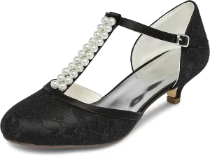 JIAJIA 01129 Women's Bridal Shoes Closed Toe T-Strap 1.8'' Low Heel Lace Satin Pumps Imitation Wedding Shoes