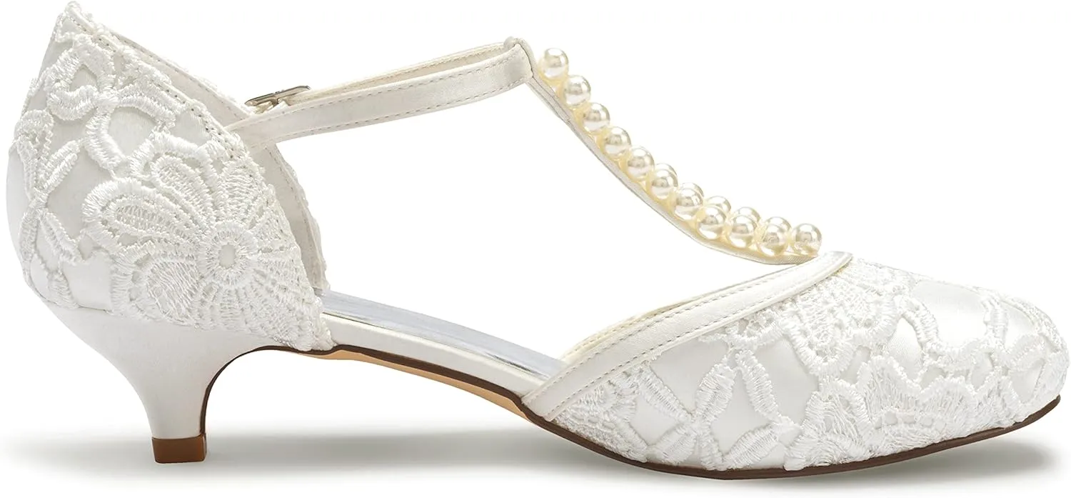 JIAJIA 01129 Women's Bridal Shoes Closed Toe T-Strap 1.8'' Low Heel Lace Satin Pumps Imitation Wedding Shoes