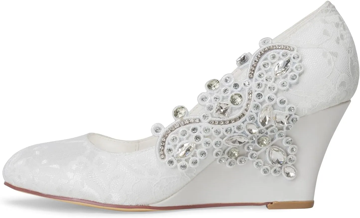JIAJIA 1217524 Women's Bridal Shoes Closed Toe 2.95" Wedge Heel Lace Satin Pumps Rhinestone Wedding Shoes