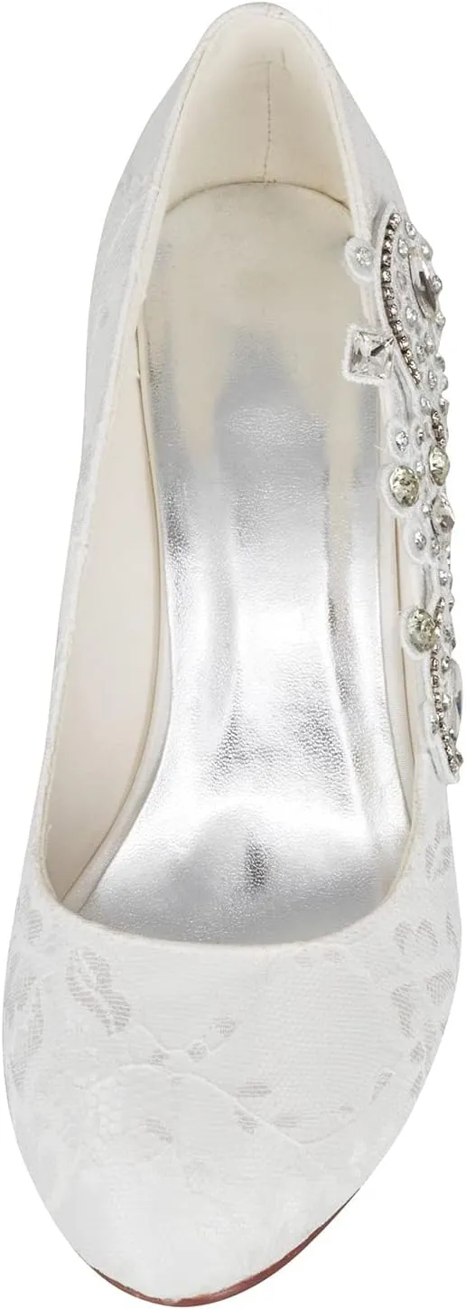 JIAJIA 1217524 Women's Bridal Shoes Closed Toe 2.95" Wedge Heel Lace Satin Pumps Rhinestone Wedding Shoes