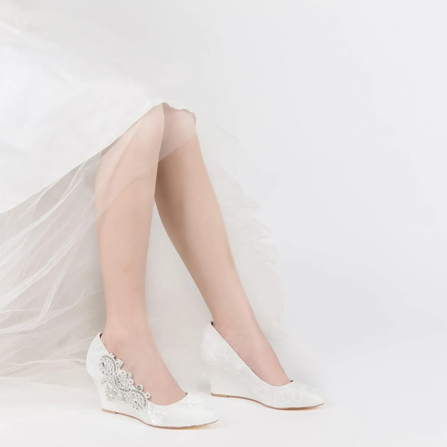 JIAJIA 1217524 Women's Bridal Shoes Closed Toe 2.95" Wedge Heel Lace Satin Pumps Rhinestone Wedding Shoes