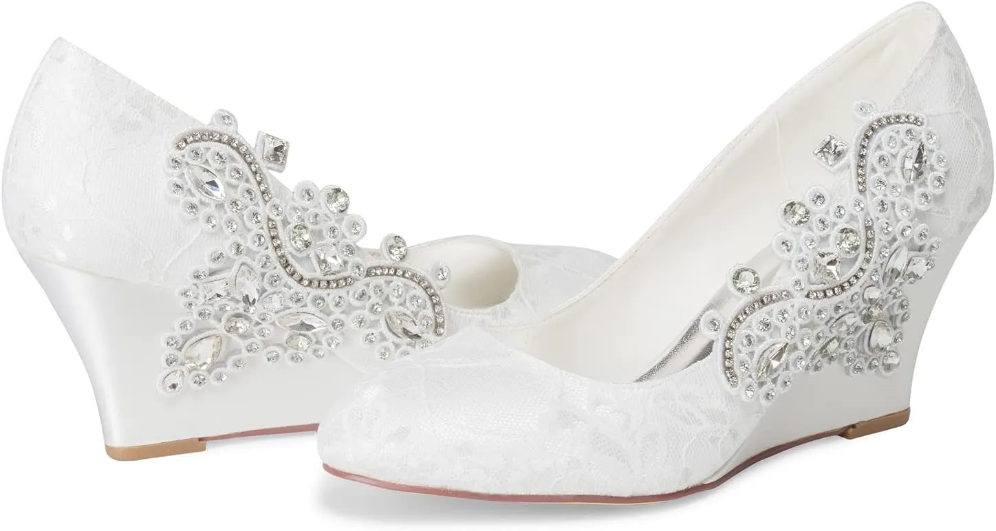 JIAJIA 1217524 Women's Bridal Shoes Closed Toe 2.95" Wedge Heel Lace Satin Pumps Rhinestone Wedding Shoes