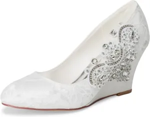 JIAJIA 1217524 Women's Bridal Shoes Closed Toe 2.95" Wedge Heel Lace Satin Pumps Rhinestone Wedding Shoes