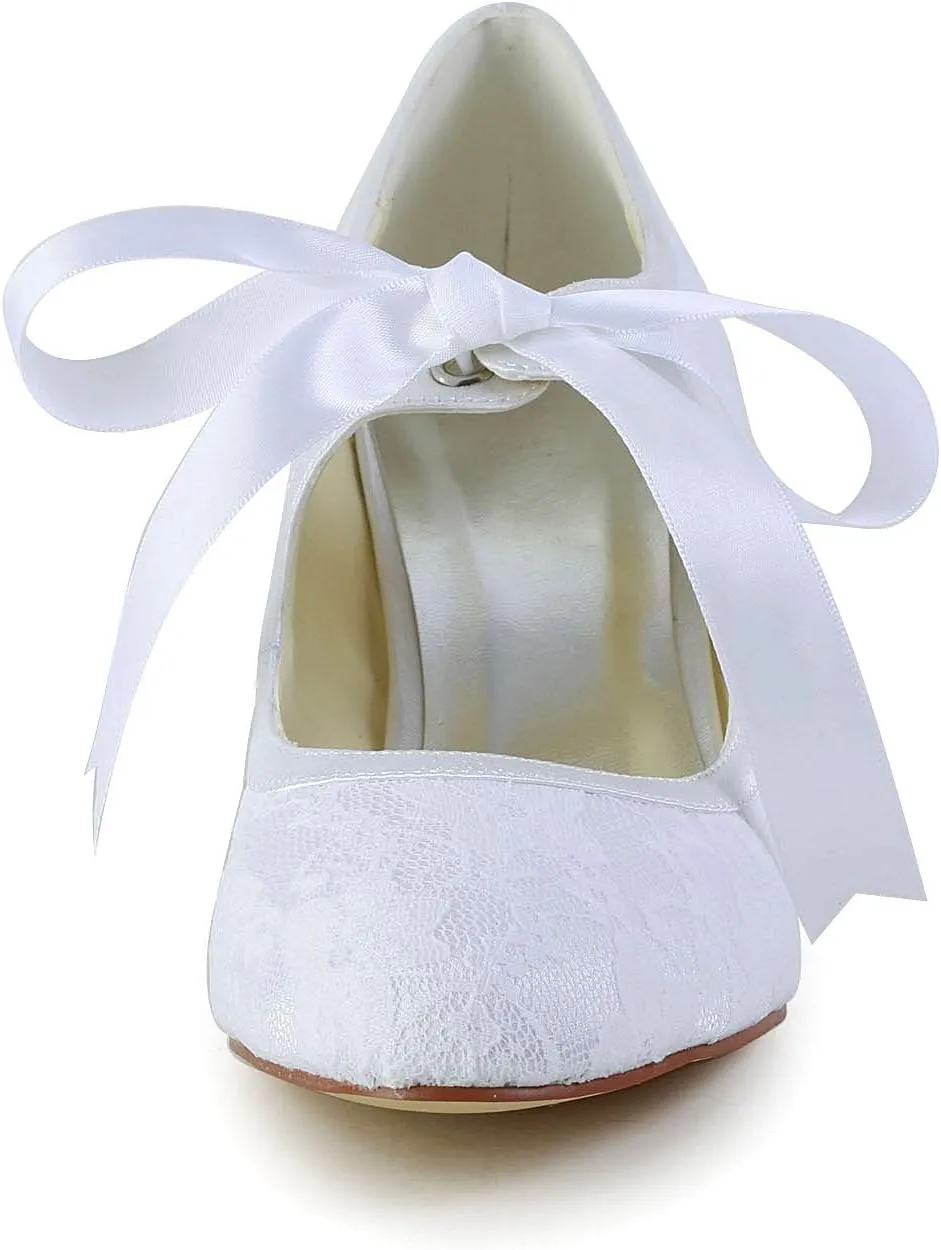 JIAJIA 140311 Women's Bridal Shoes Closed Toe Stiletto Heel Lace Satin Pumps Ribbon Tie Wedding Shoes