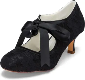 JIAJIA 140311 Women's Bridal Shoes Closed Toe Stiletto Heel Lace Satin Pumps Ribbon Tie Wedding Shoes