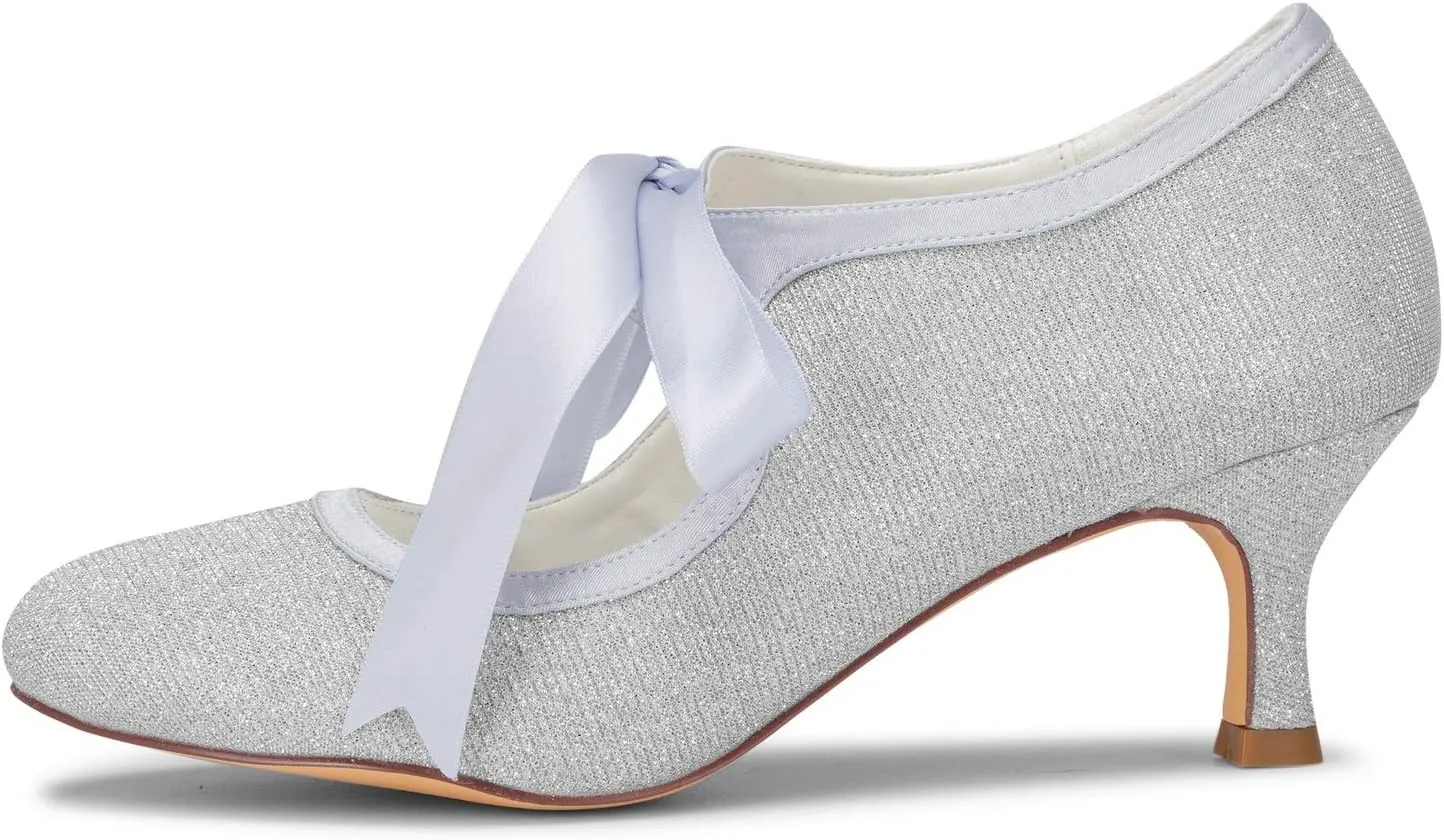 JIAJIA 140311 Women's Bridal Shoes Closed Toe Stiletto Heel Lace Satin Pumps Ribbon Tie Wedding Shoes