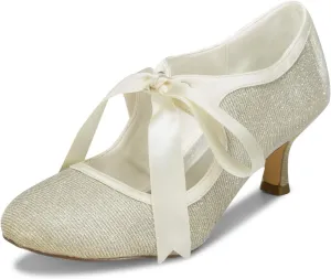 JIAJIA 140311 Women's Bridal Shoes Closed Toe Stiletto Heel Lace Satin Pumps Ribbon Tie Wedding Shoes