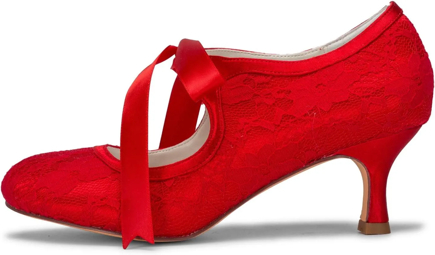 JIAJIA 140311 Women's Bridal Shoes Closed Toe Stiletto Heel Lace Satin Pumps Ribbon Tie Wedding Shoes