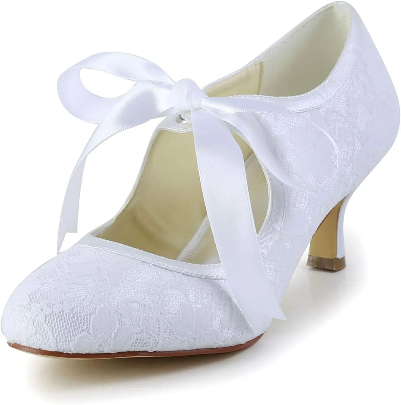 JIAJIA 140311 Women's Bridal Shoes Closed Toe Stiletto Heel Lace Satin Pumps Ribbon Tie Wedding Shoes