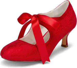 JIAJIA 140311 Women's Bridal Shoes Closed Toe Stiletto Heel Lace Satin Pumps Ribbon Tie Wedding Shoes