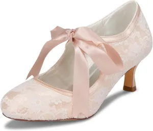 JIAJIA 140311 Women's Bridal Shoes Closed Toe Stiletto Heel Lace Satin Pumps Ribbon Tie Wedding Shoes