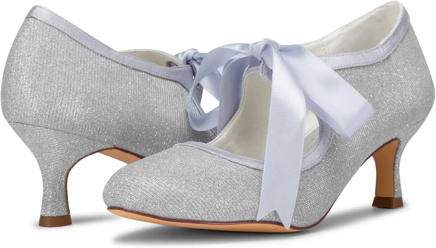 JIAJIA 140311 Women's Bridal Shoes Closed Toe Stiletto Heel Lace Satin Pumps Ribbon Tie Wedding Shoes