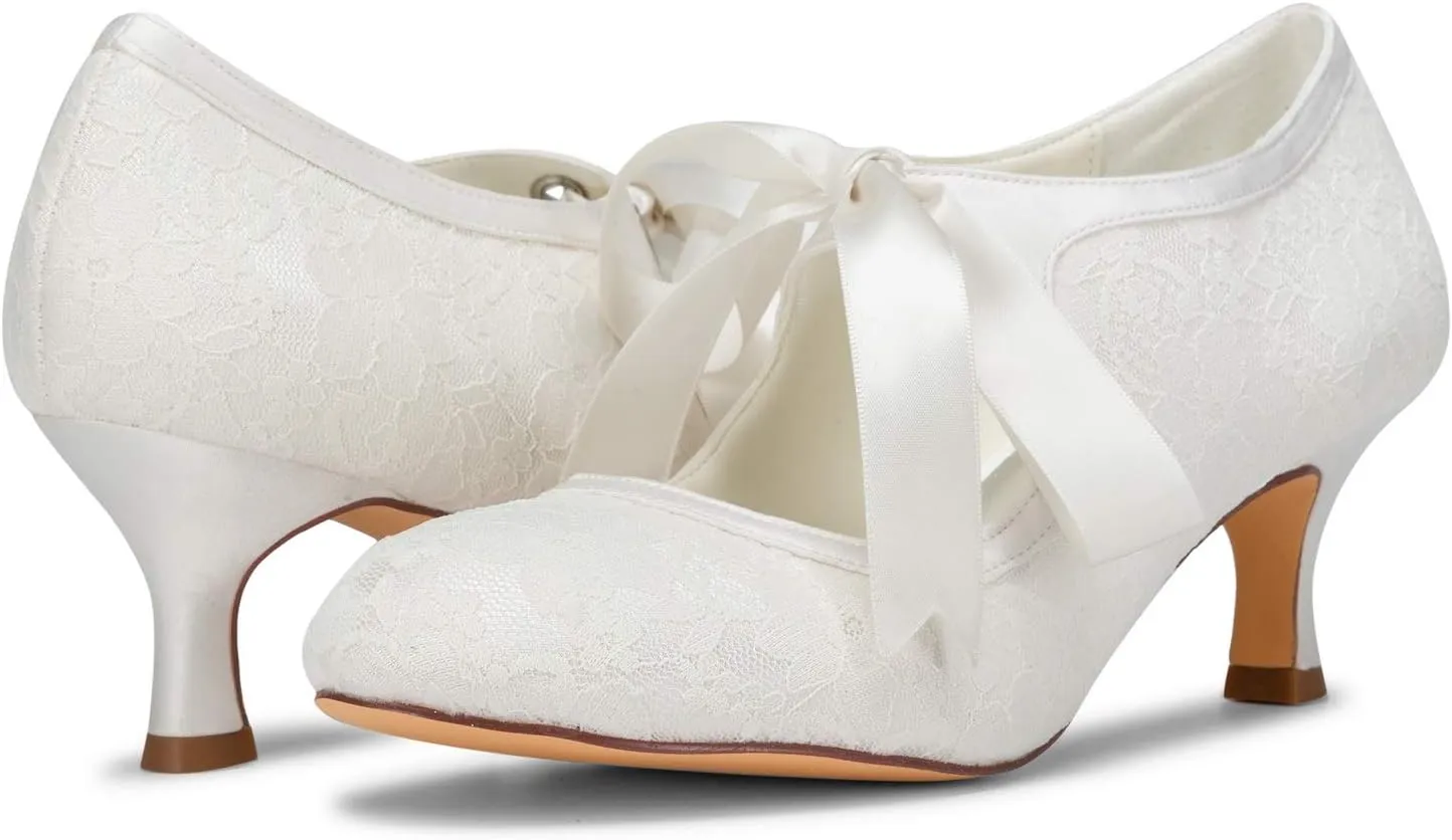 JIAJIA 140311 Women's Bridal Shoes Closed Toe Stiletto Heel Lace Satin Pumps Ribbon Tie Wedding Shoes