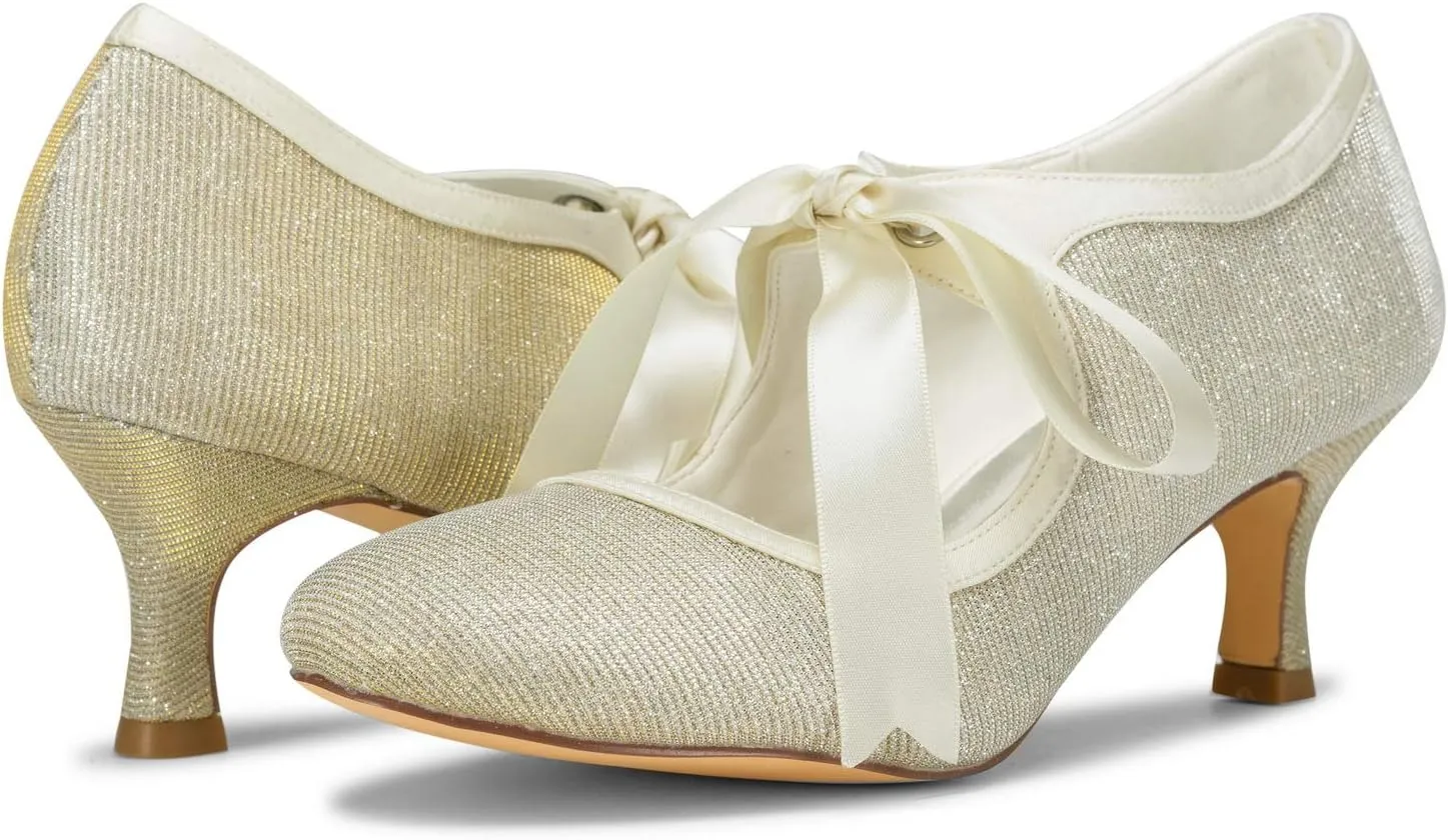 JIAJIA 140311 Women's Bridal Shoes Closed Toe Stiletto Heel Lace Satin Pumps Ribbon Tie Wedding Shoes