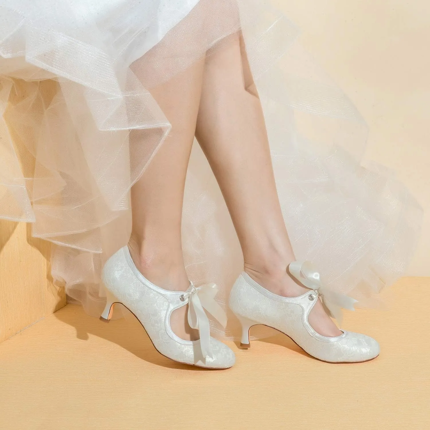 JIAJIA 140311 Women's Bridal Shoes Closed Toe Stiletto Heel Lace Satin Pumps Ribbon Tie Wedding Shoes