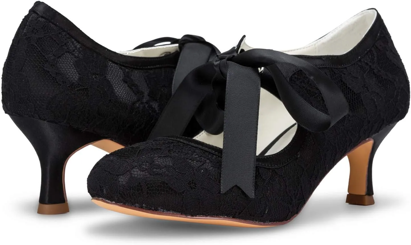 JIAJIA 140311 Women's Bridal Shoes Closed Toe Stiletto Heel Lace Satin Pumps Ribbon Tie Wedding Shoes